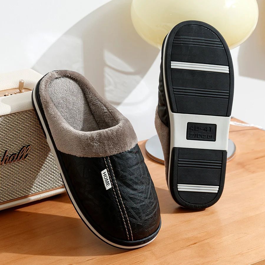 PU Leather Big Sizes Slippers Indoor Waterproof Fur Flat