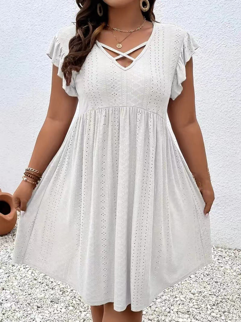 Women's Jacquard Ruffle Sleeve V-neck Dress