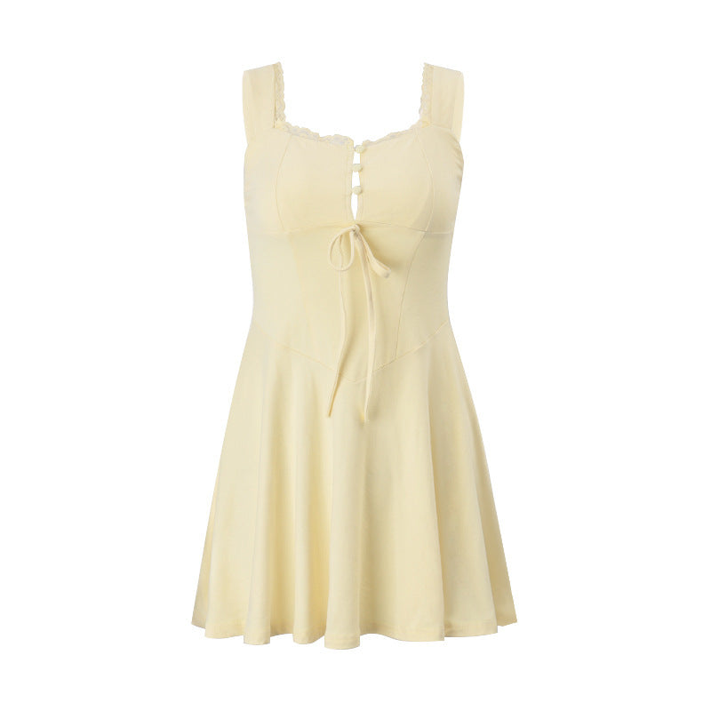 Robe Gallus jaune sexy à col carré et bordure en dentelle