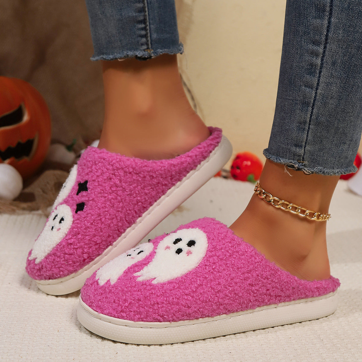 Chaussons d'intérieur antidérapants en coton pour femme, motif fantôme de dessin animé d'Halloween