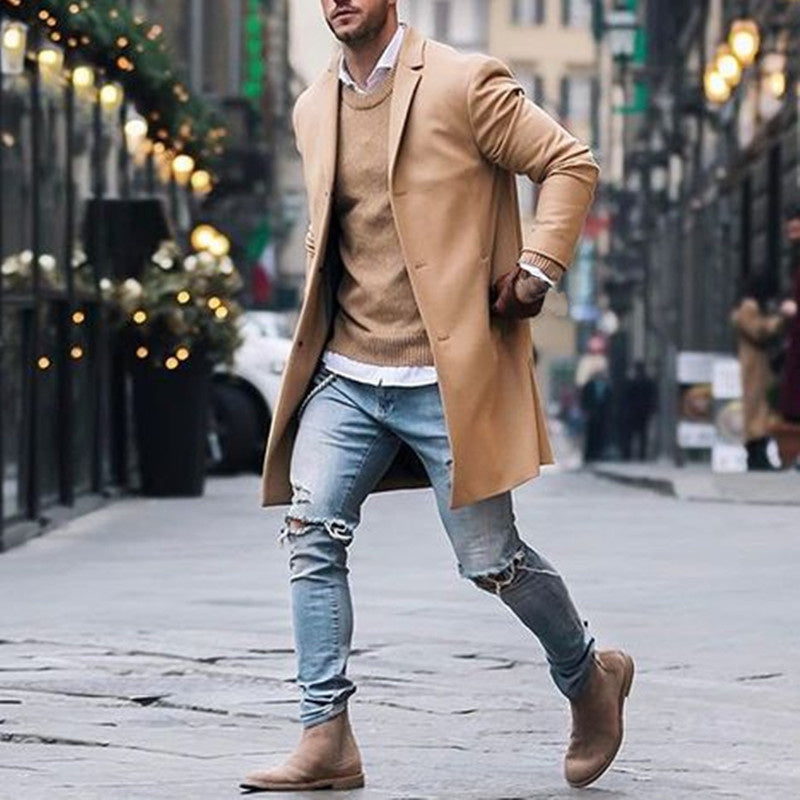 Trench-coat long pour homme, veste classique, couleur unie, coupe slim