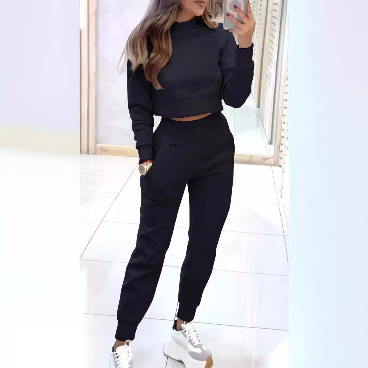 Ensemble de sport à col montant, pull tendance, manches longues, haut court et pantalon slim avec poches, tenues unies, vêtements pour femmes