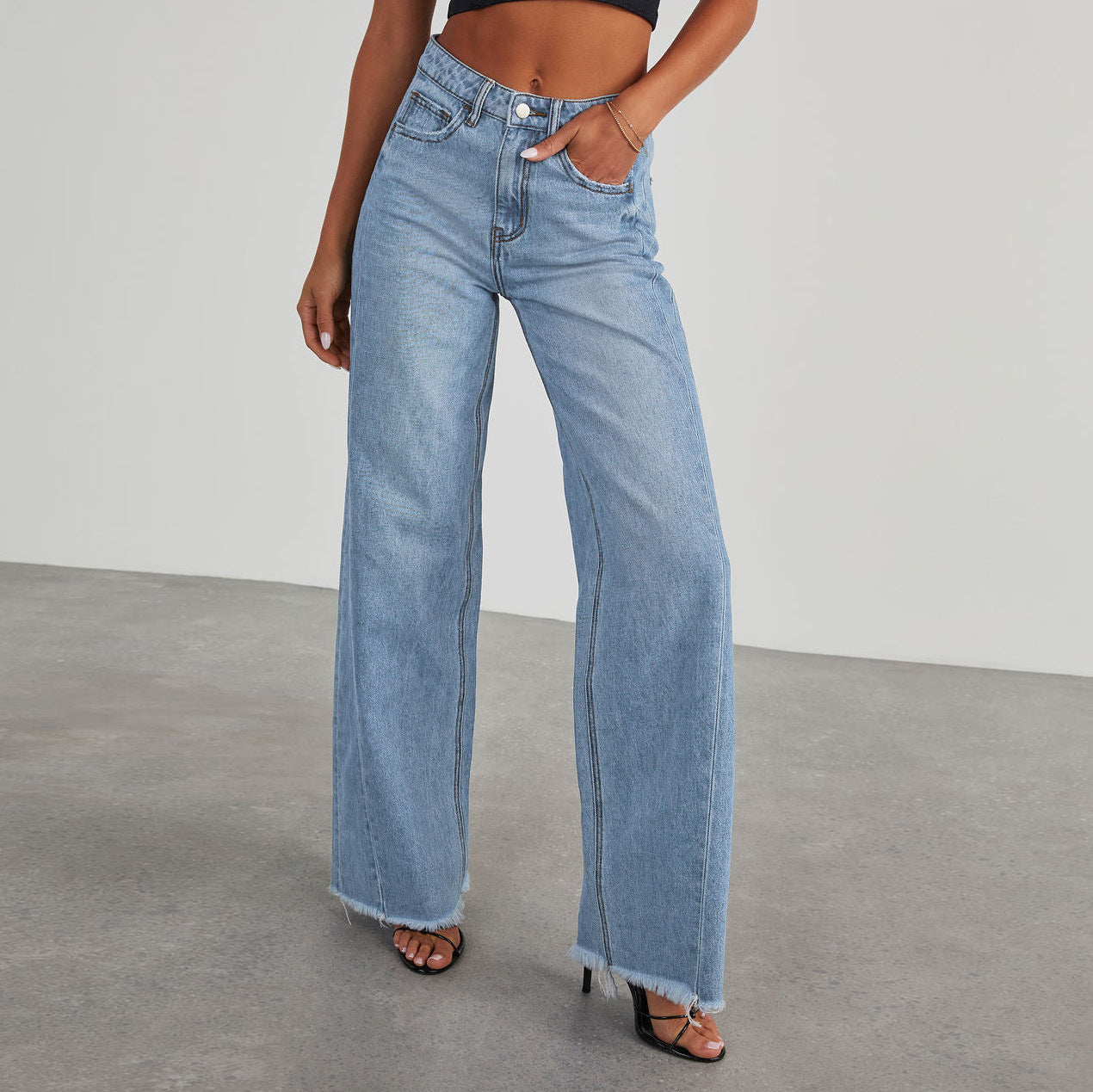 Jean taille haute tendance avec poches, coupe slim confortable, pantalon droit et large, vêtements pour femmes
