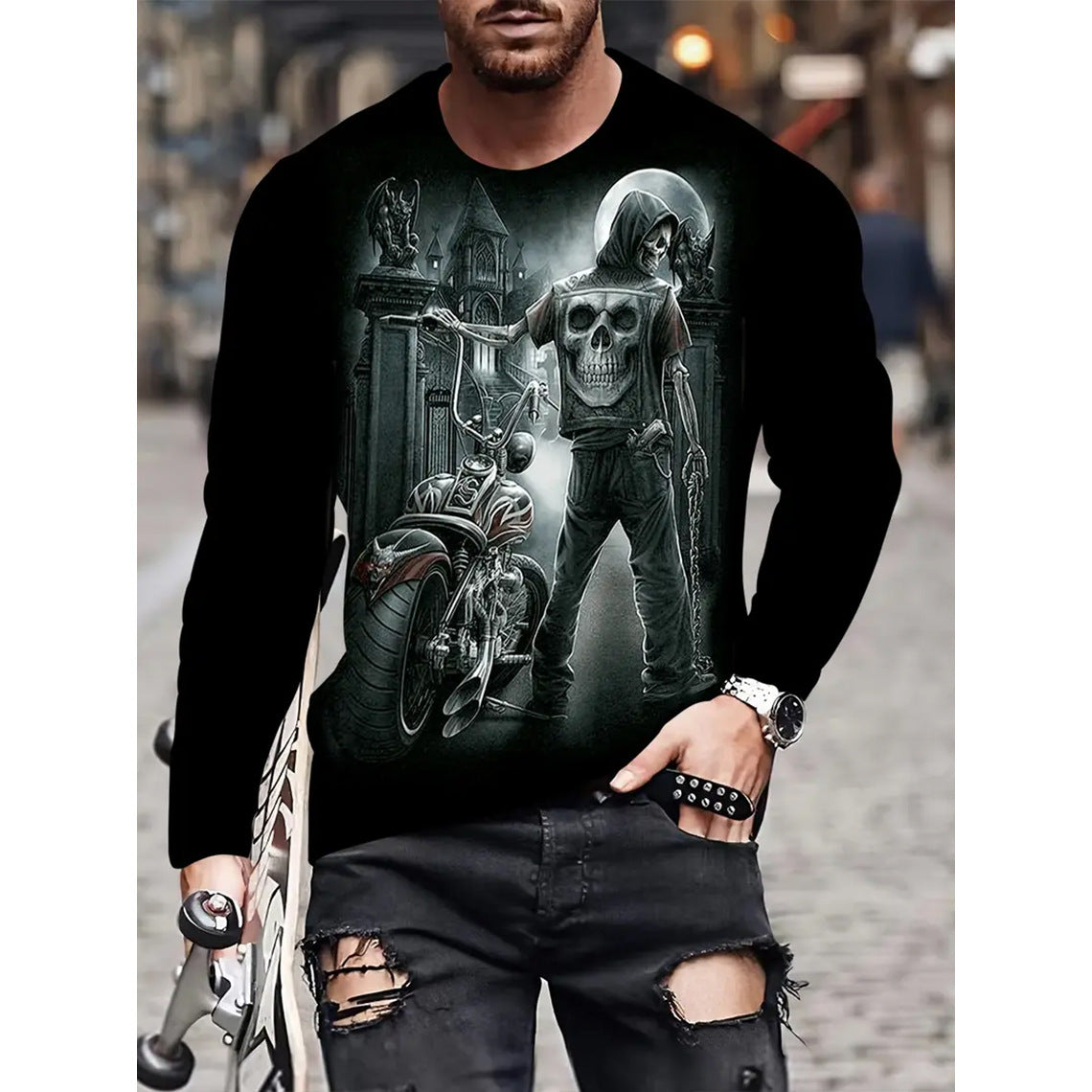 T-shirt rétro pour homme, imprimé 3D, style hip-hop, ample, col ras du cou, décontracté, manches longues