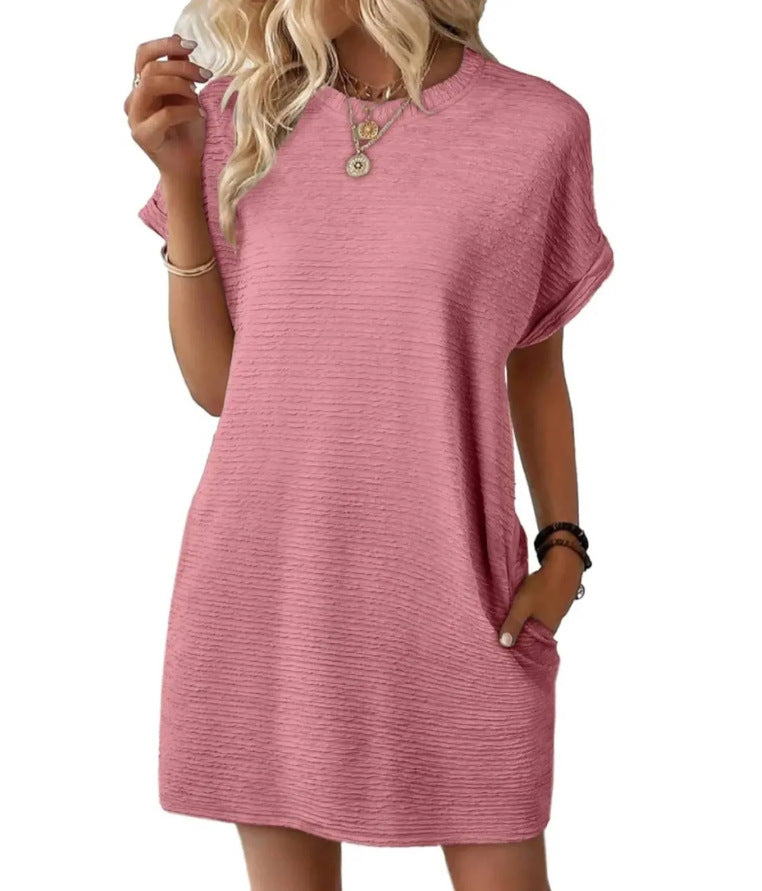 Robe ample à col rond et poches, couleur unie, manches courtes, pour femme