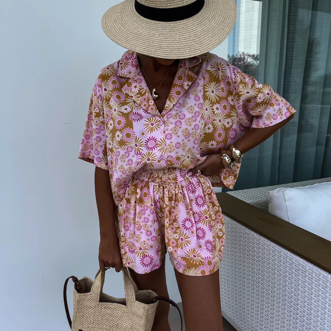 Costume deux pièces pour femme, col, short à manches courtes, imprimé tendance, décontracté