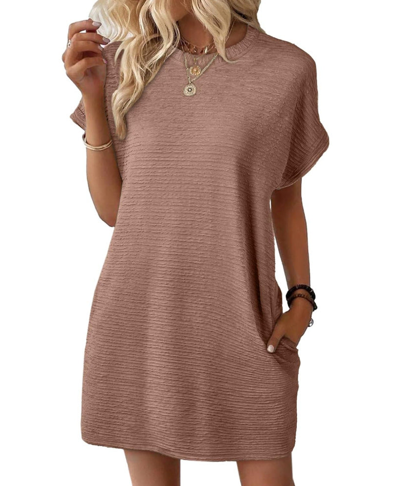 Robe ample à col rond et poches, couleur unie, manches courtes, pour femme