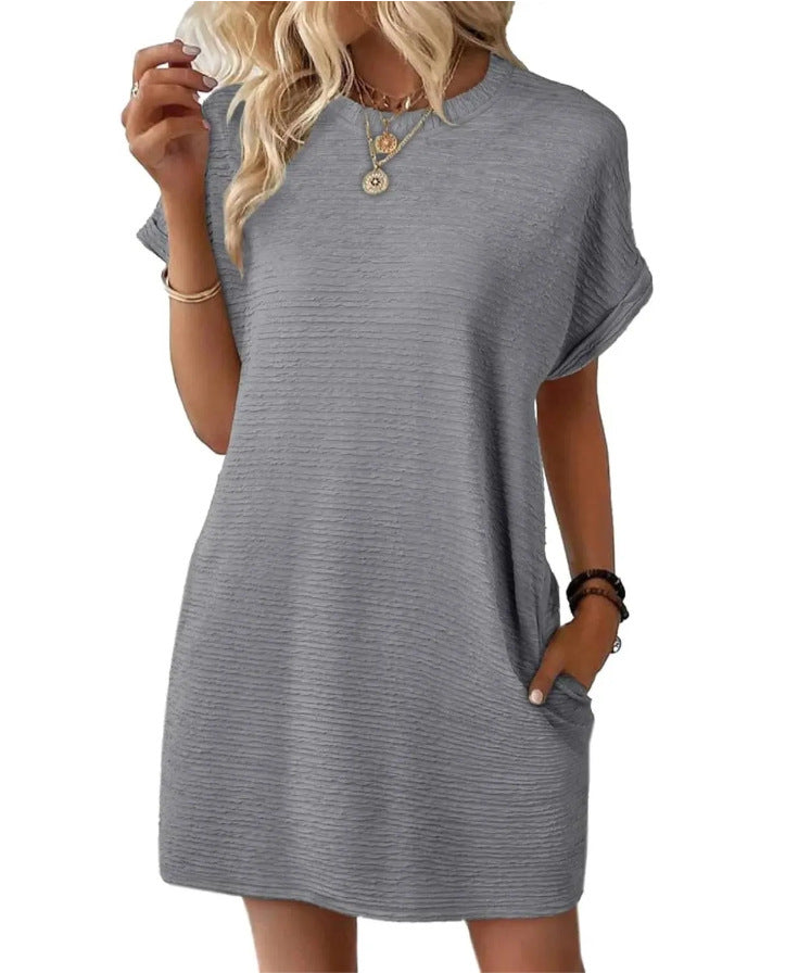 Robe ample à col rond et poches, couleur unie, manches courtes, pour femme