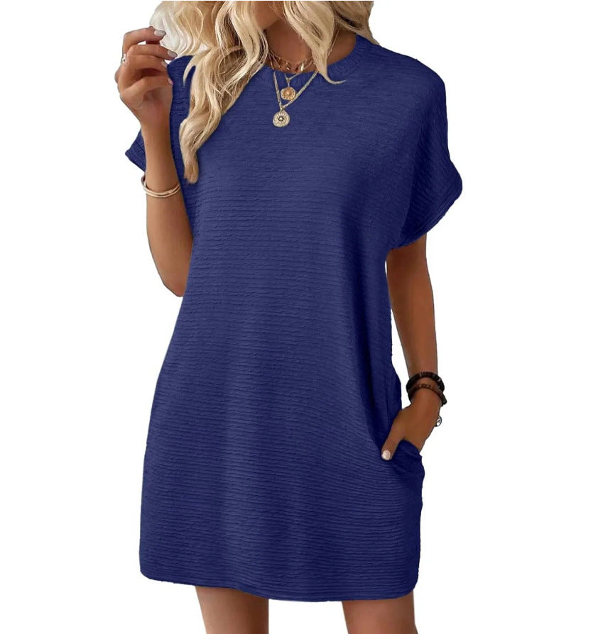 Robe ample à col rond et poches, couleur unie, manches courtes, pour femme