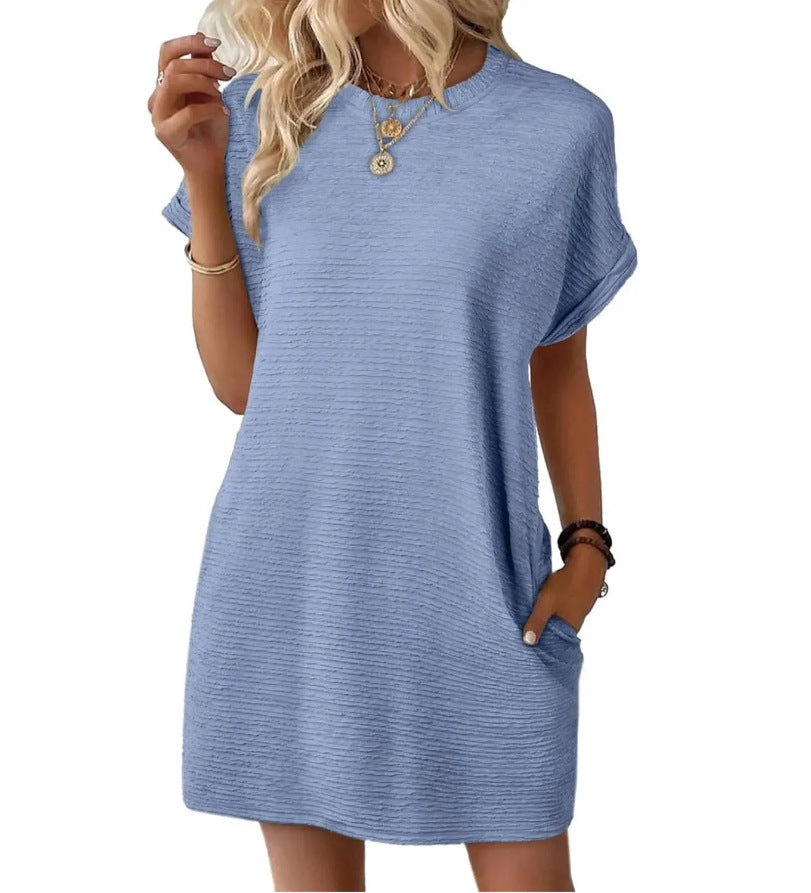 Robe ample à col rond et poches, couleur unie, manches courtes, pour femme
