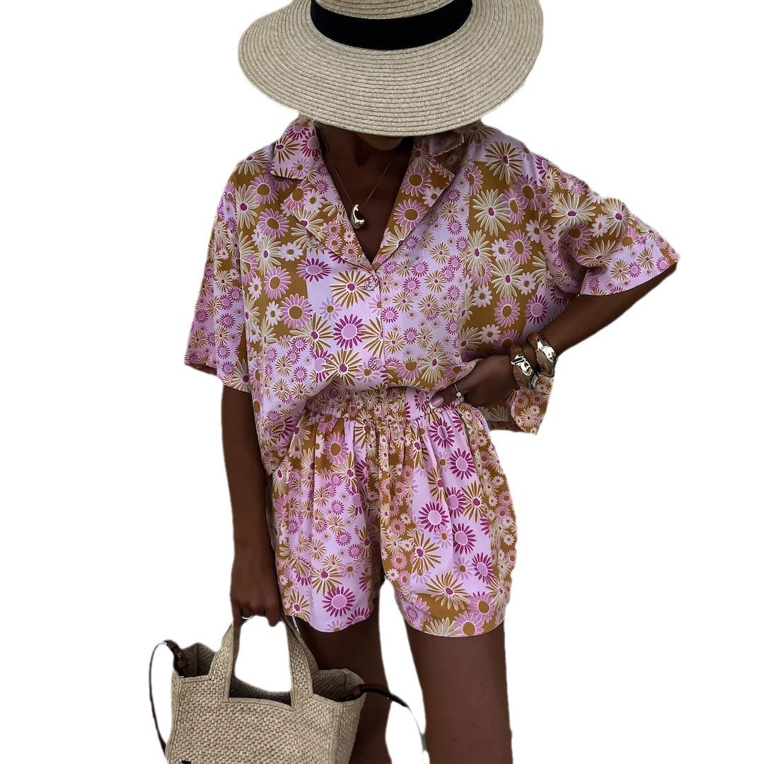 Costume deux pièces pour femme, col, short à manches courtes, imprimé tendance, décontracté