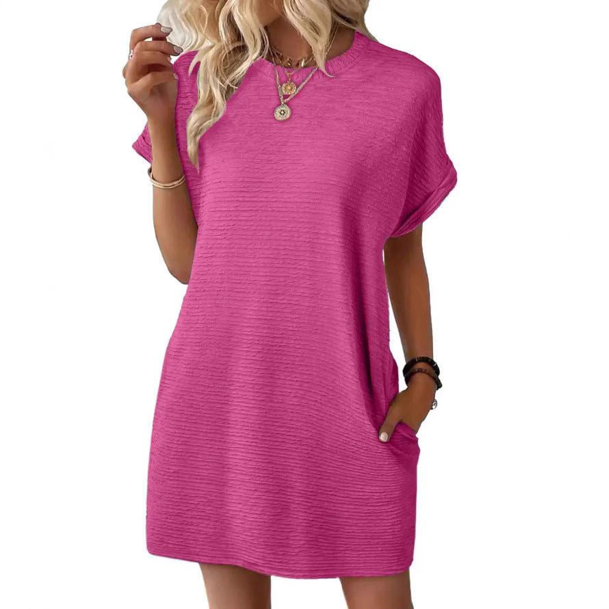 Robe ample à col rond et poches, couleur unie, manches courtes, pour femme