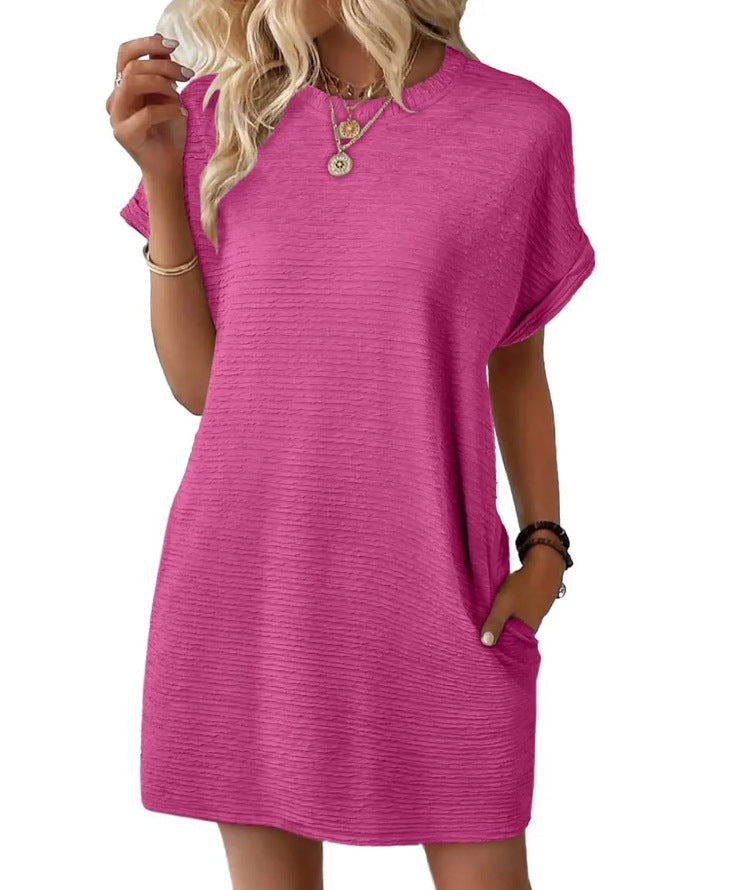 Robe ample à col rond et poches, couleur unie, manches courtes, pour femme