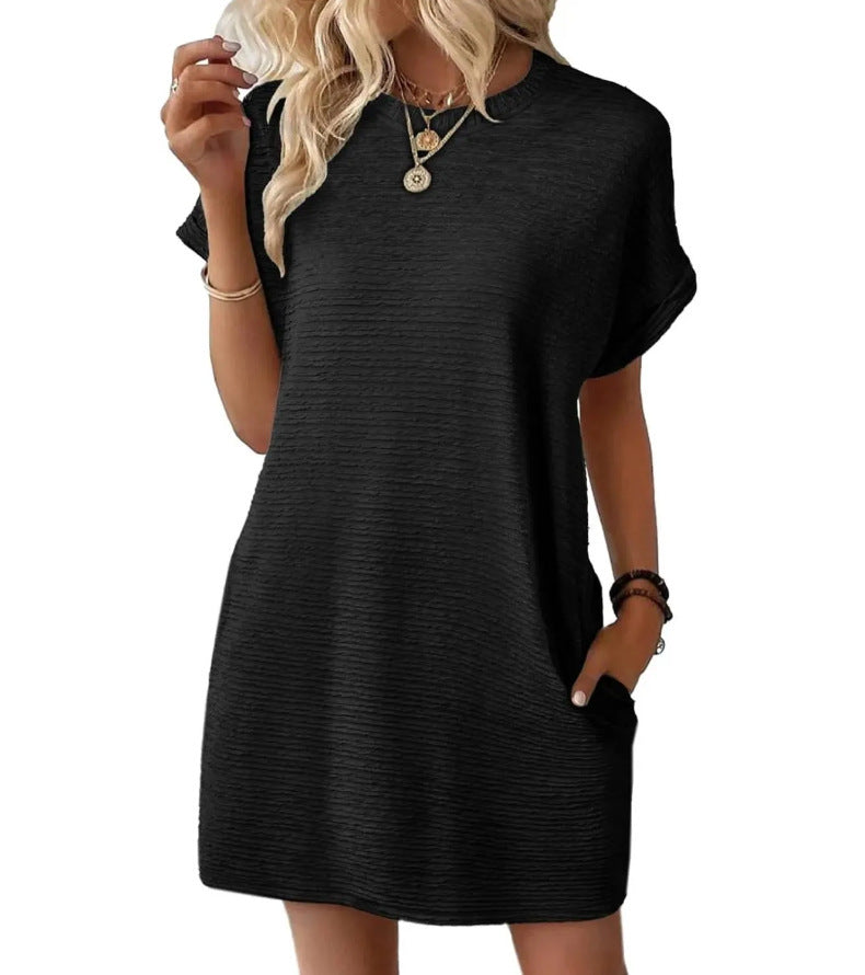 Robe ample à col rond et poches, couleur unie, manches courtes, pour femme