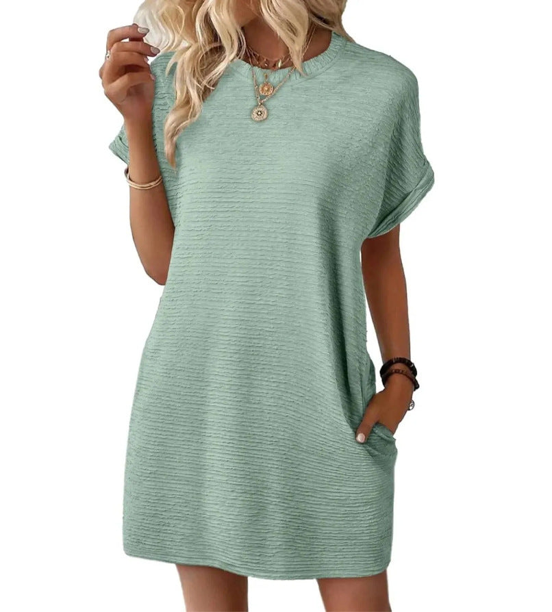Robe ample à col rond et poches, couleur unie, manches courtes, pour femme