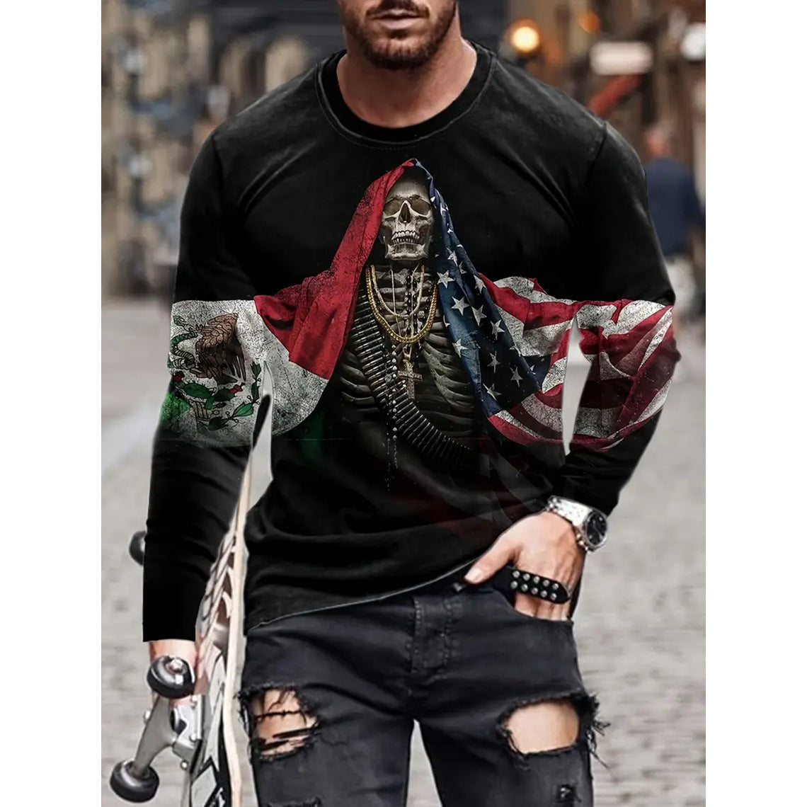 T-shirt rétro pour homme, imprimé 3D, style hip-hop, ample, col ras du cou, décontracté, manches longues