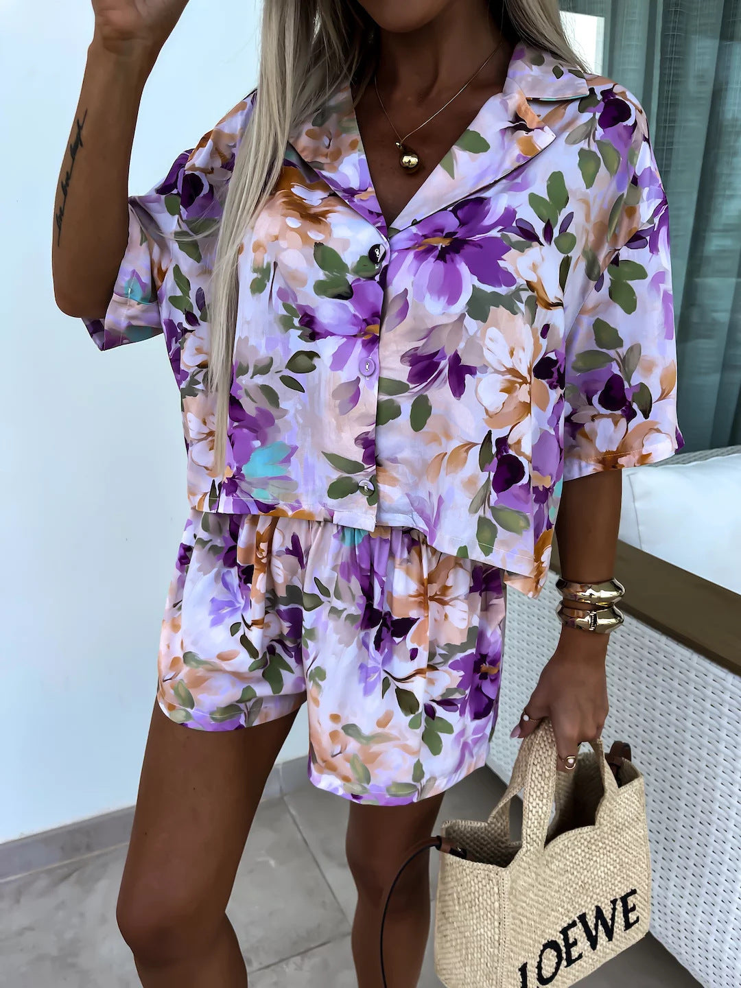 Costume deux pièces pour femme, col, short à manches courtes, imprimé tendance, décontracté