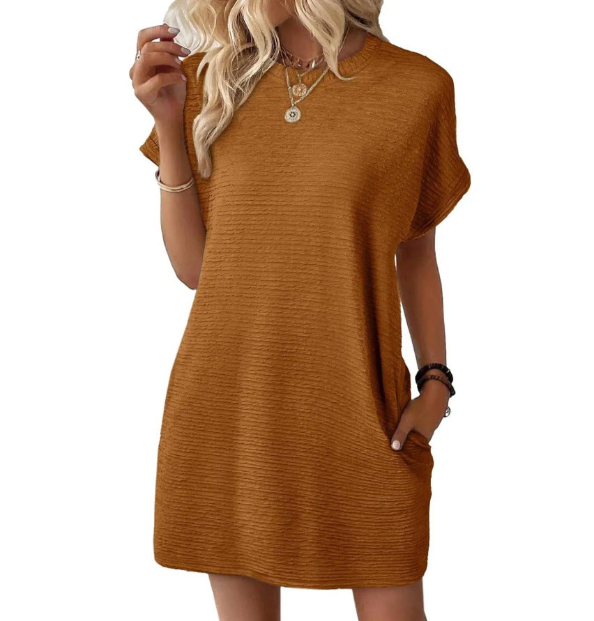 Robe ample à col rond et poches, couleur unie, manches courtes, pour femme