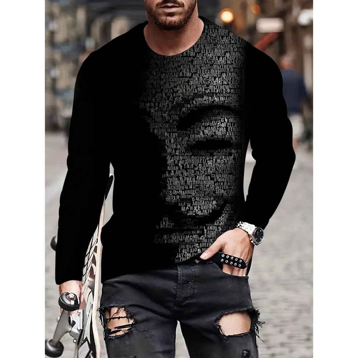 T-shirt rétro pour homme, imprimé 3D, style hip-hop, ample, col ras du cou, décontracté, manches longues