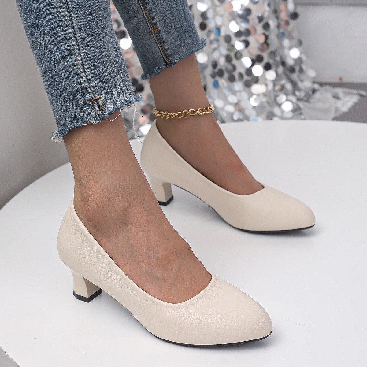 Chunky Heel Not Tired Feet High Heels Small Leather Shoes