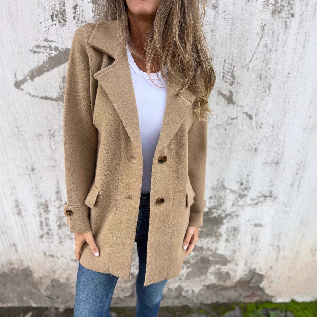 Manteau en laine pour femme, décontracté, ample, revers, fausse poche, cardigan, pardessus en laine