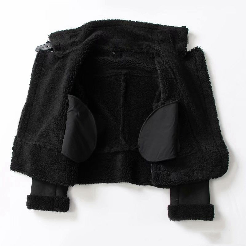 Veste d'hiver à revers en daim et laine d'agneau, manteau chaud pour moto, vêtements d'extérieur pour femmes