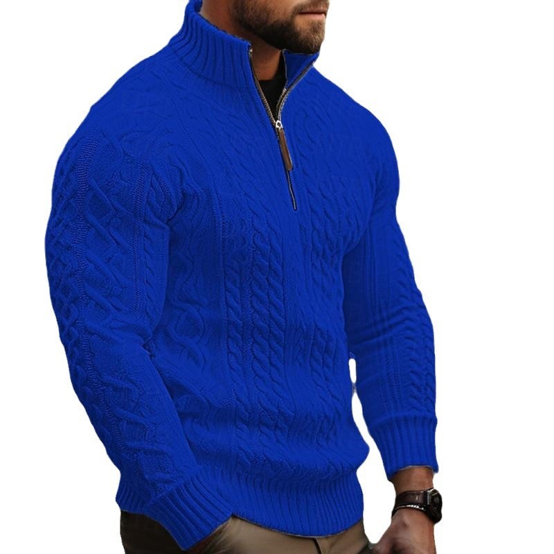 Manteau en tricot à demi-fermeture éclair pour homme, couleur unie, pull épais torsadé