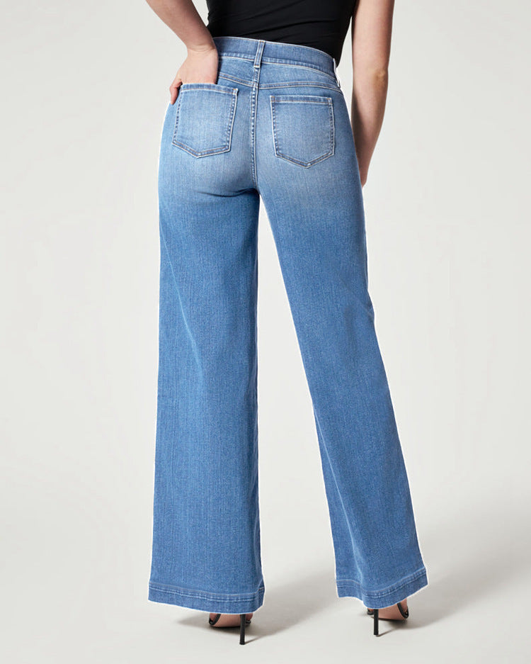 Jean droit pour femme, taille moyenne, pantalon large, taille haute élastique