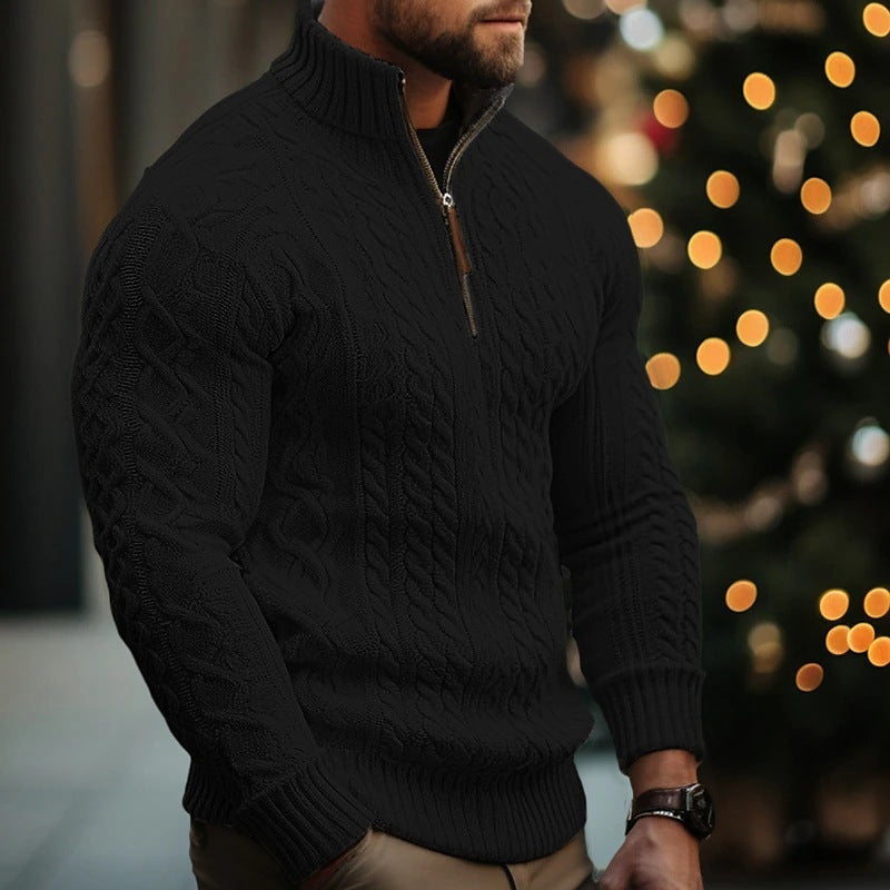 Manteau en tricot à demi-fermeture éclair pour homme, couleur unie, pull épais torsadé
