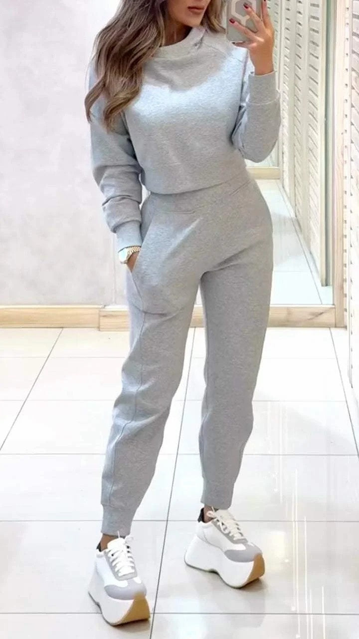 Ensemble de sport à col montant, pull tendance, manches longues, haut court et pantalon slim avec poches, tenues unies, vêtements pour femmes