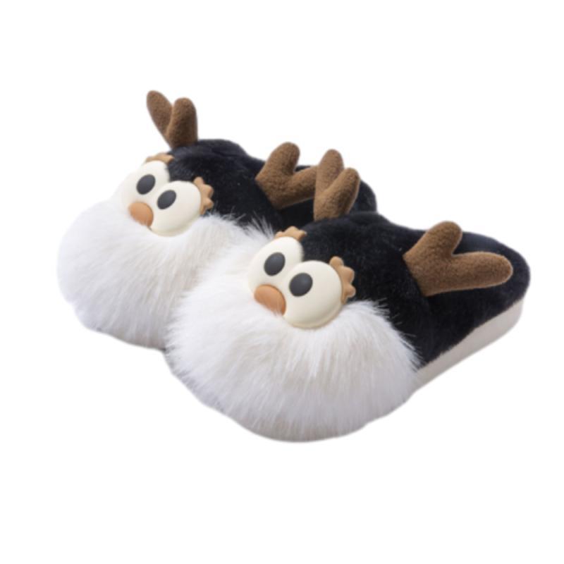 Chaussures mignonnes en coton avec motif cerf de Noël pour femme, pantoufles d'hiver d'intérieur, à talon semi-couvert, chaudes et en peluche