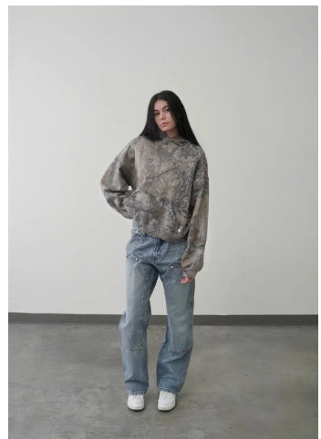 Pull ample à capuche imprimé pour femme, pull à manches longues