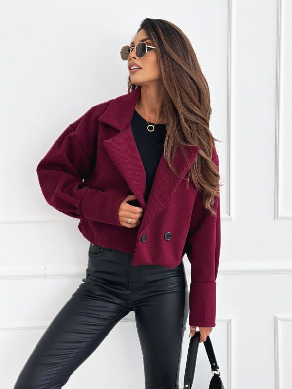 Manteau court en laine à col de costume tendance et polyvalent