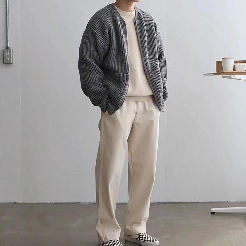Cardigan tricoté zippé pour homme, doublé, col cheminée, pull, poches, manteau, toutes saisons, confortable, doux, manches longues