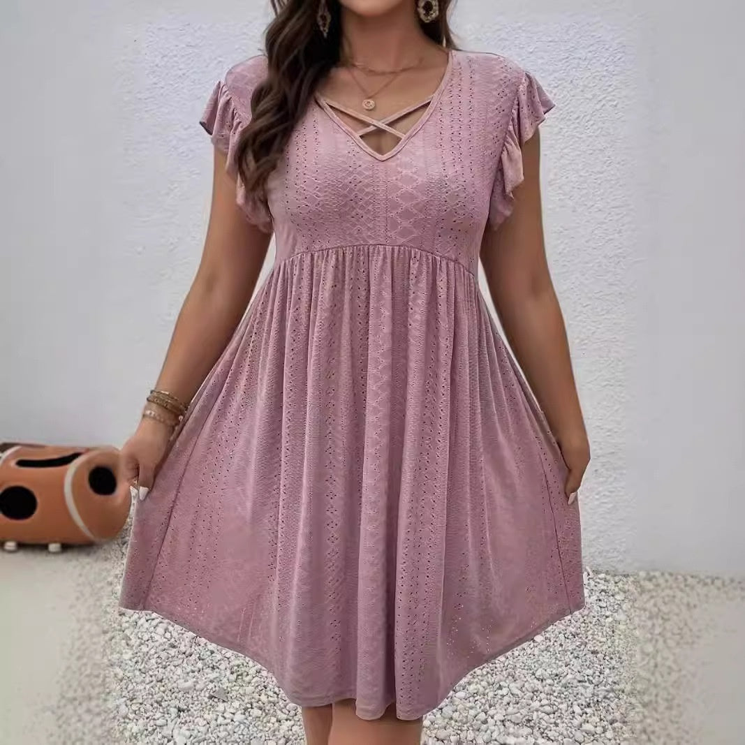 Women's Jacquard Ruffle Sleeve V-neck Dress