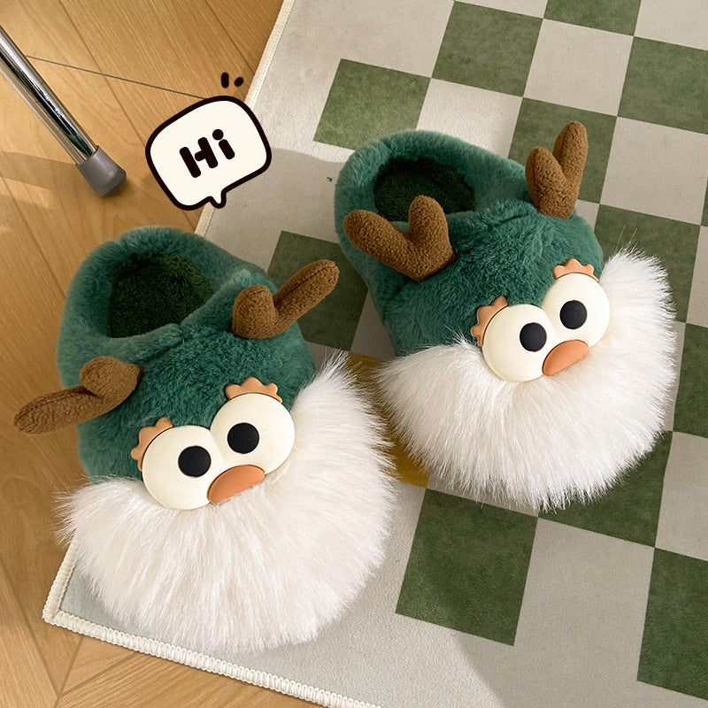 Chaussures mignonnes en coton avec motif cerf de Noël pour femme, pantoufles d'hiver d'intérieur, à talon semi-couvert, chaudes et en peluche