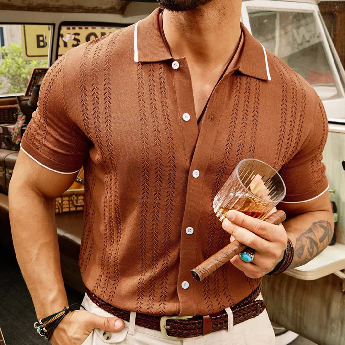 Polo à manches courtes, haut d'été à revers boutonné, vêtements d'affaires tendance pour hommes