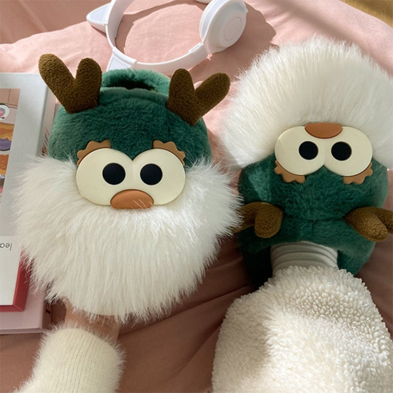 Chaussures mignonnes en coton avec motif cerf de Noël pour femme, pantoufles d'hiver d'intérieur, à talon semi-couvert, chaudes et en peluche