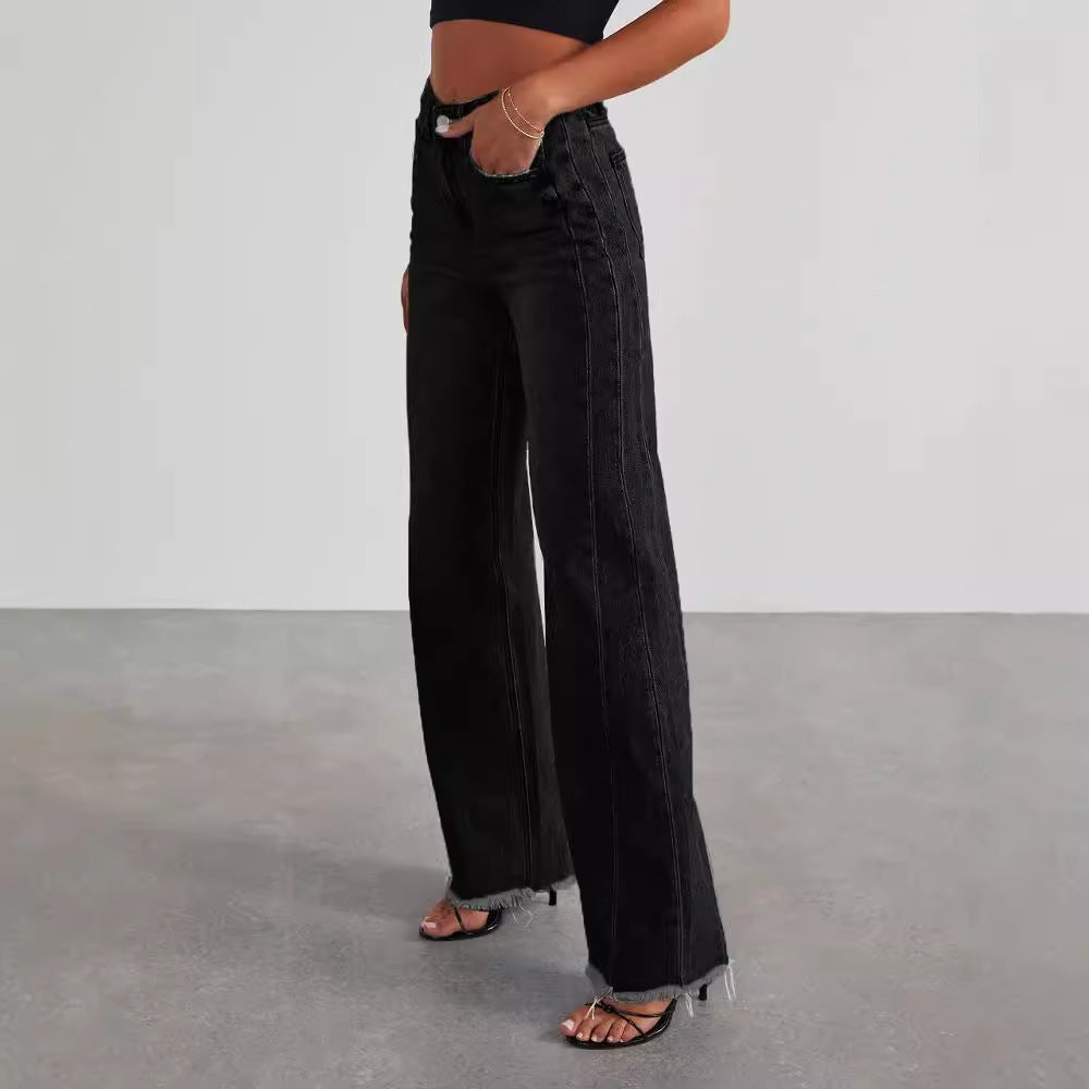 Jean taille haute tendance avec poches, coupe slim confortable, pantalon droit et large, vêtements pour femmes