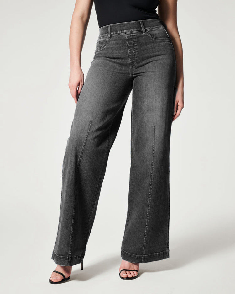 Jean droit pour femme, taille moyenne, pantalon large, taille haute élastique
