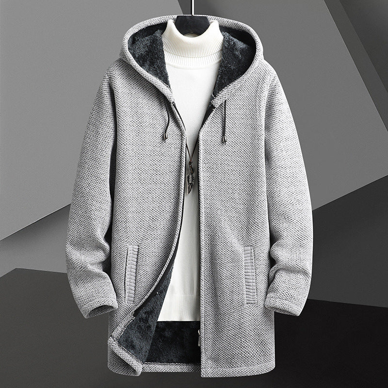 Cardigan mi-long à capuche et fermeture éclair pour homme, doublé polaire, automne-hiver