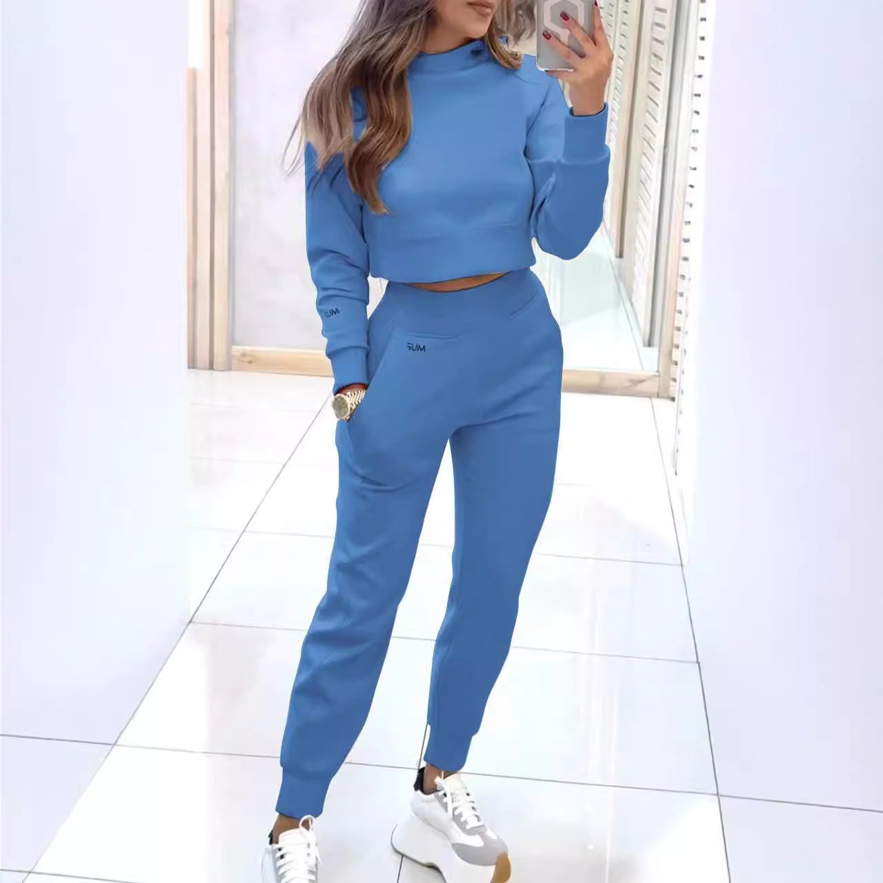 Ensemble de sport à col montant, pull tendance, manches longues, haut court et pantalon slim avec poches, tenues unies, vêtements pour femmes