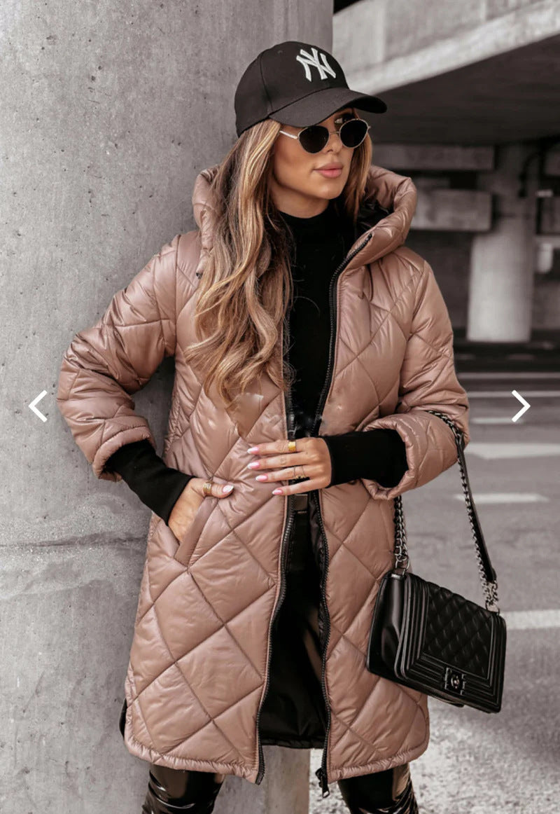 Veste d'hiver mi-longue à capuche en coton rembourré pour femme