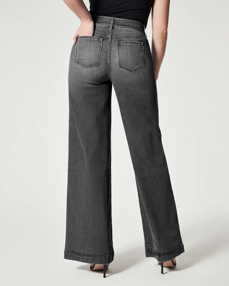 Jean droit pour femme, taille moyenne, pantalon large, taille haute élastique
