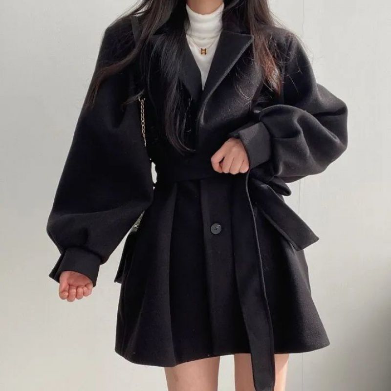 Manteau coupe-vent ample en laine pour femme, col tailleur, mi-long et petit