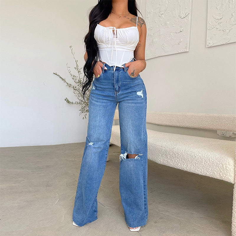 Pantalon décontracté effiloché à trous tendance