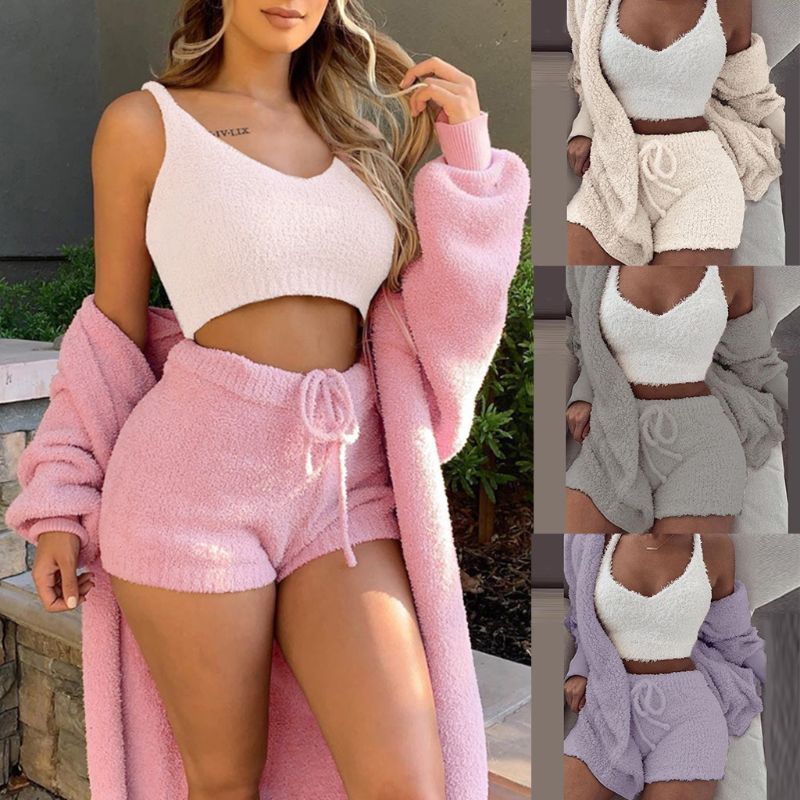 Ensemble pyjama décontracté et sexy pour femme, tenue d'hiver, doux et chaud, manches longues, nombril exposé, gilet et short