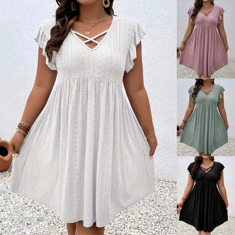 Women's Jacquard Ruffle Sleeve V-neck Dress