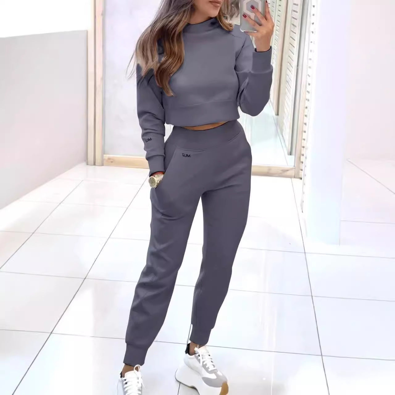 Ensemble de sport à col montant, pull tendance, manches longues, haut court et pantalon slim avec poches, tenues unies, vêtements pour femmes