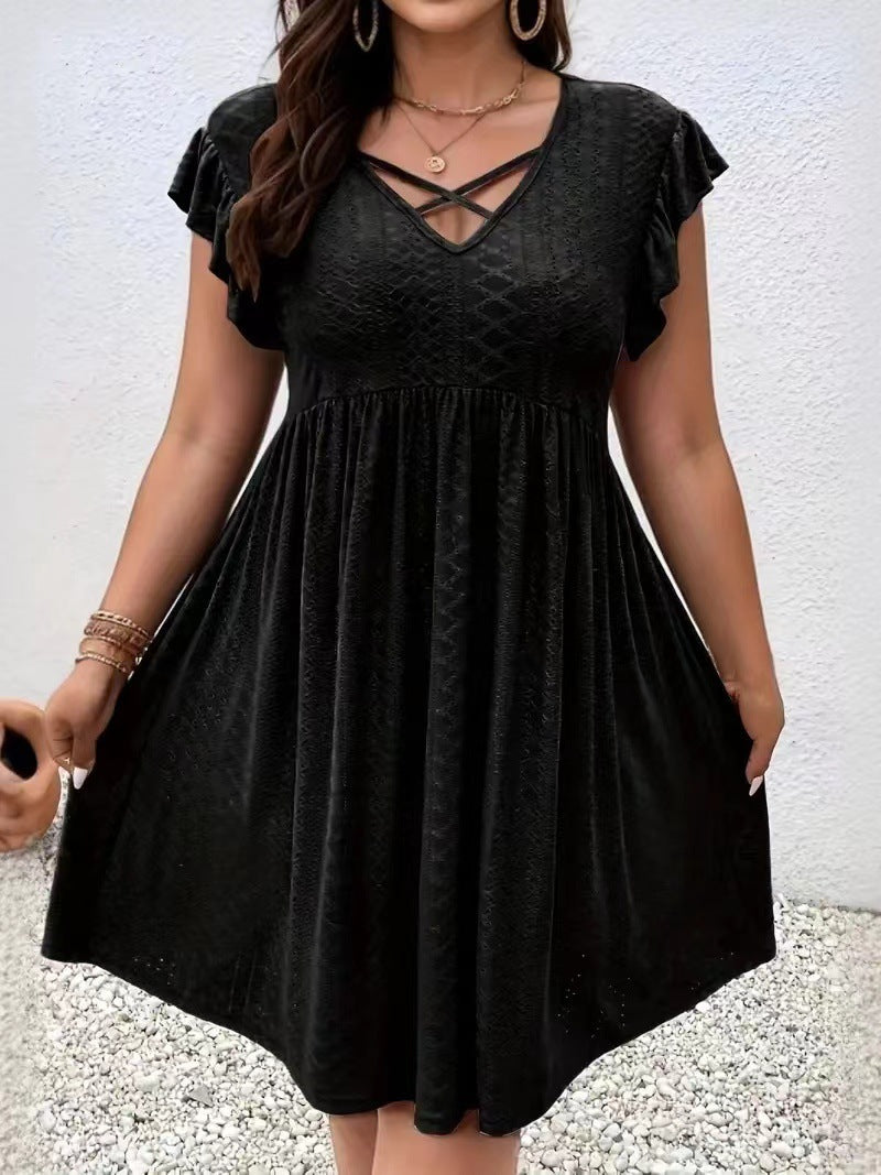 Women's Jacquard Ruffle Sleeve V-neck Dress